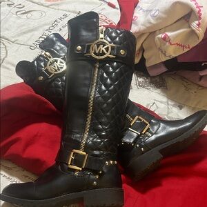 Michael Kors Black Quilted Over the Knee Boots with Gold Accents